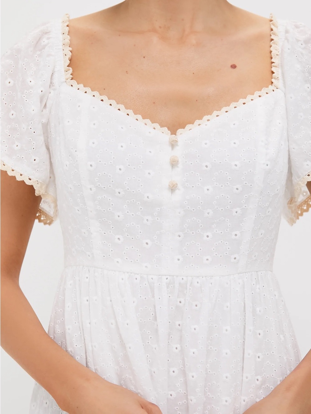 Pomander Place White Dress with Cream Crochet Trim